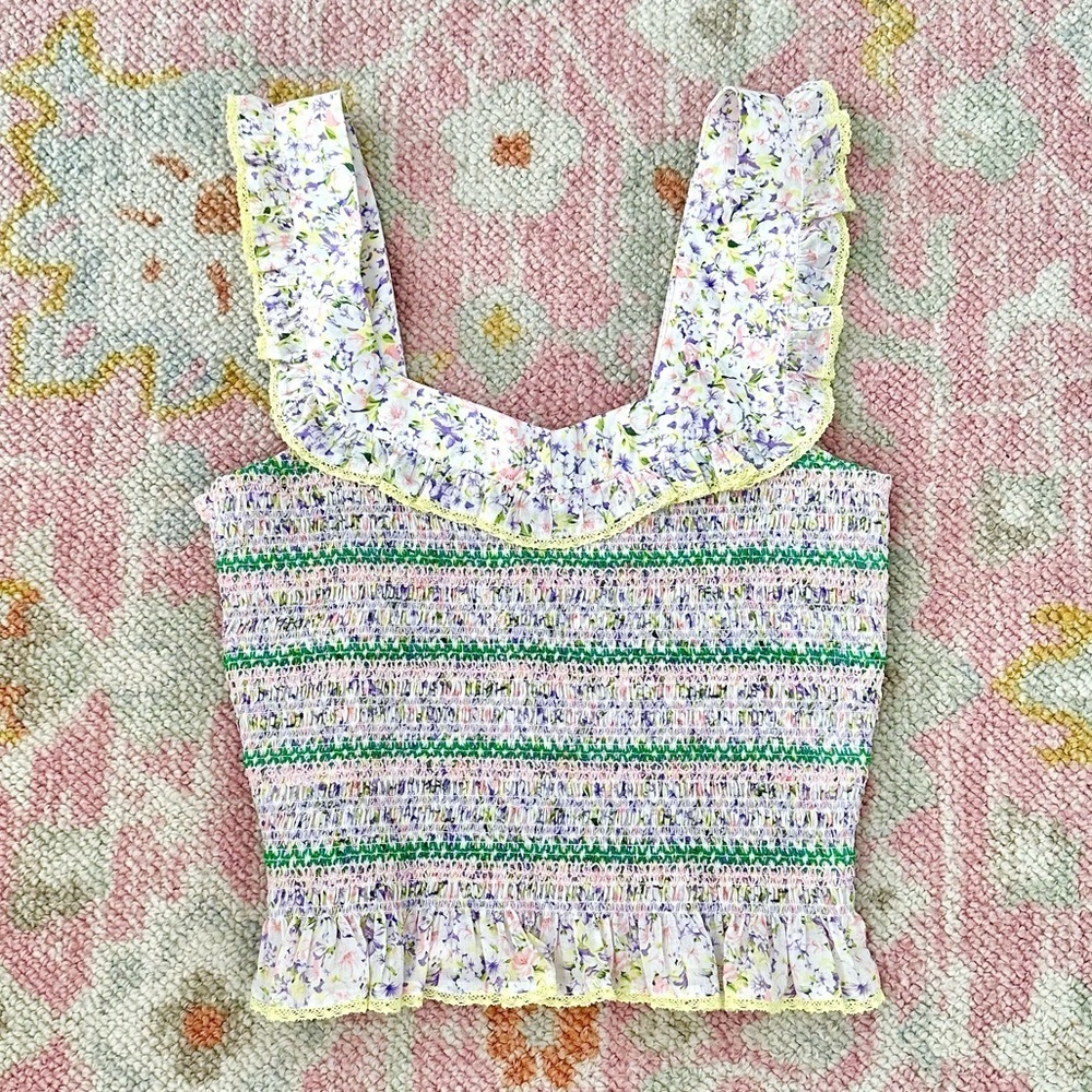 Heartloom Lavender Floral Smocked Tank Top with Green Accents